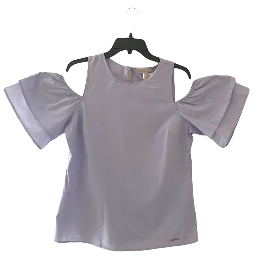 Lavender Michael Kors Tiered-Sleeve Cold-Shoulder Shirt Size Medium